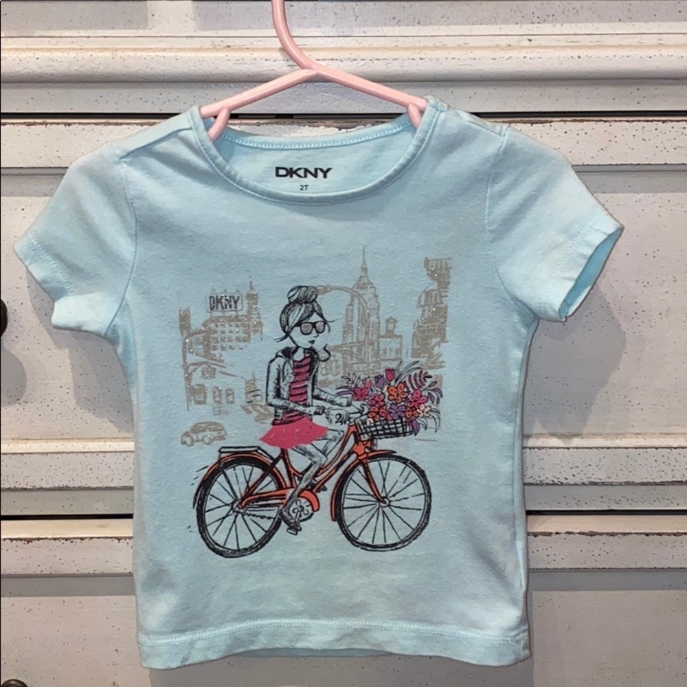 DKNY shirt girl flowers bicycle top light blue 2T​​